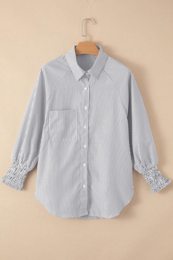Women Long Sleeve Tops | Black Striped Casual Shirred Cuffs Shirt - Image 2