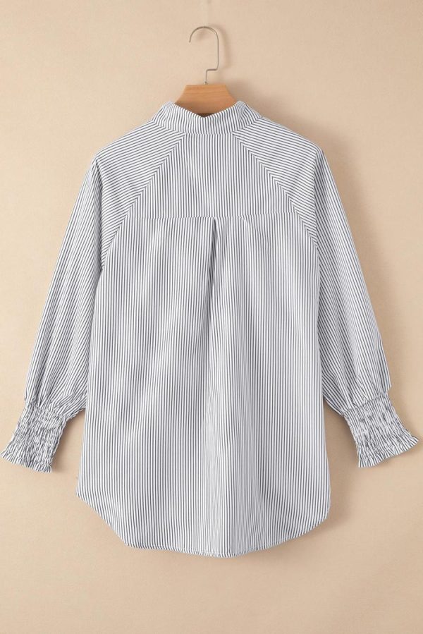 Women Long Sleeve Tops | Black Striped Casual Shirred Cuffs Shirt - Image 3