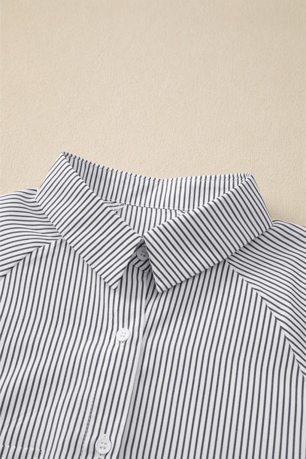 Women Long Sleeve Tops | Black Striped Casual Shirred Cuffs Shirt - Image 4