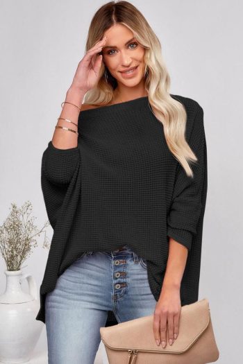 Women Long Sleeve Tops | Black Waffle One Shoulder Long Sleeve Knit Top