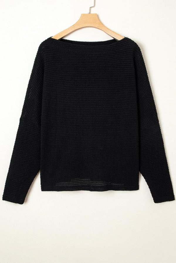 Women Long Sleeve Tops | Black Waffle One Shoulder Long Sleeve Knit Top - Image 2