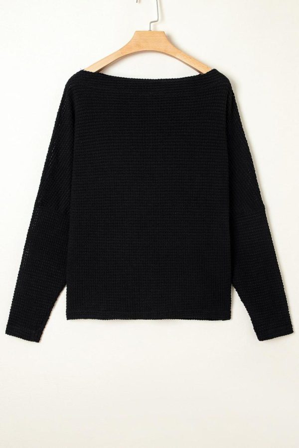 Women Long Sleeve Tops | Black Waffle One Shoulder Long Sleeve Knit Top - Image 3