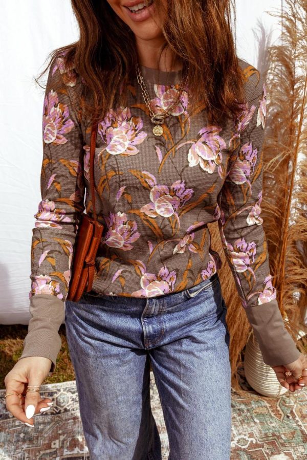 Women Long Sleeve Tops | Brown Floral Print Waffle Textured Long Sleeve Top - Image 2