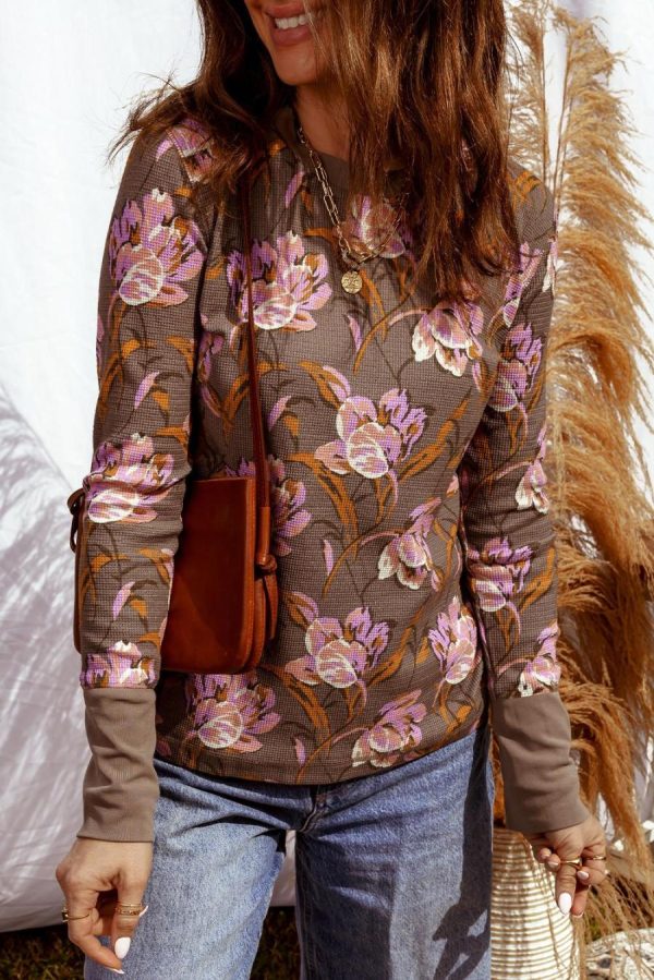 Women Long Sleeve Tops | Brown Floral Print Waffle Textured Long Sleeve Top - Image 4