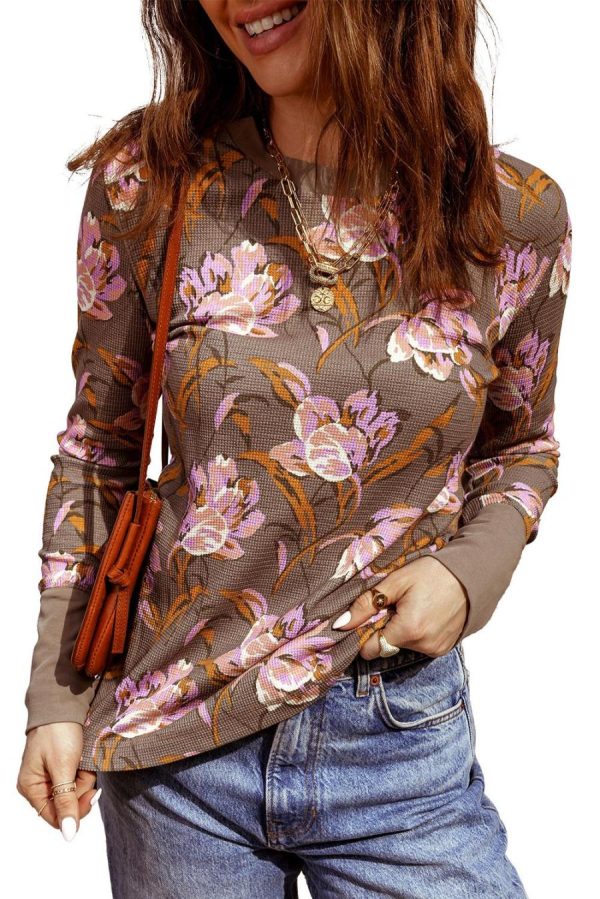 Women Long Sleeve Tops | Brown Floral Print Waffle Textured Long Sleeve Top - Image 7