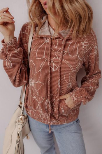 Women Long Sleeve Tops | Brown Floral Twisted Rib Drawstring Kangaroo Pocket Hooded Top