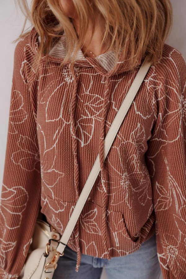 Women Long Sleeve Tops | Brown Floral Twisted Rib Drawstring Kangaroo Pocket Hooded Top - Image 2