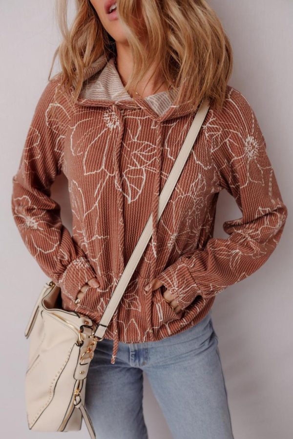 Women Long Sleeve Tops | Brown Floral Twisted Rib Drawstring Kangaroo Pocket Hooded Top - Image 3