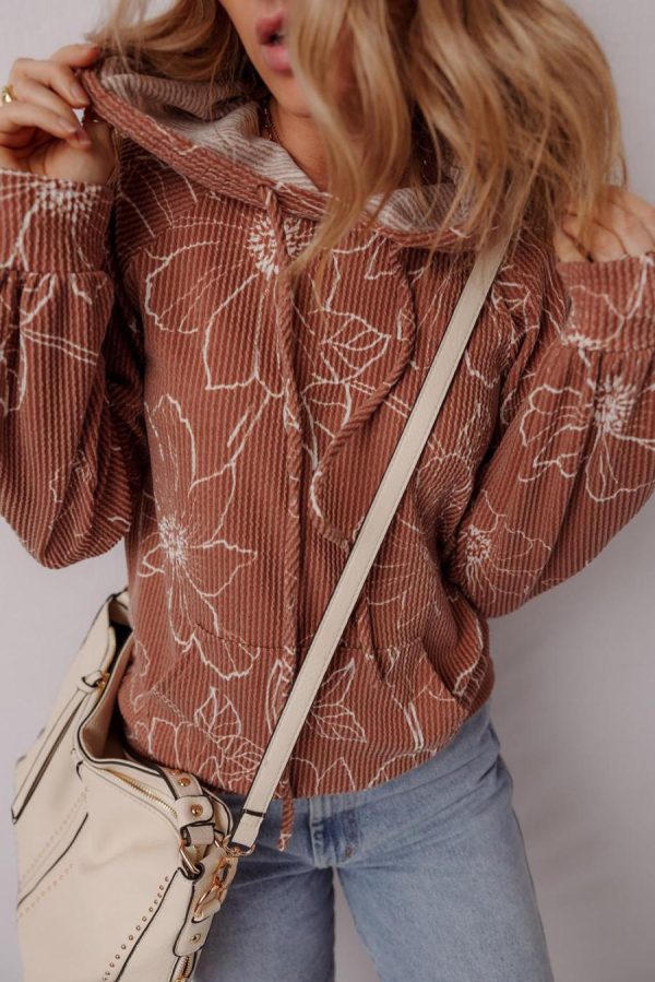 Women Long Sleeve Tops | Brown Floral Twisted Rib Drawstring Kangaroo Pocket Hooded Top - Image 4