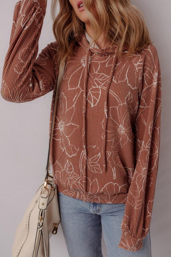 Women Long Sleeve Tops | Brown Floral Twisted Rib Drawstring Kangaroo Pocket Hooded Top - Image 5