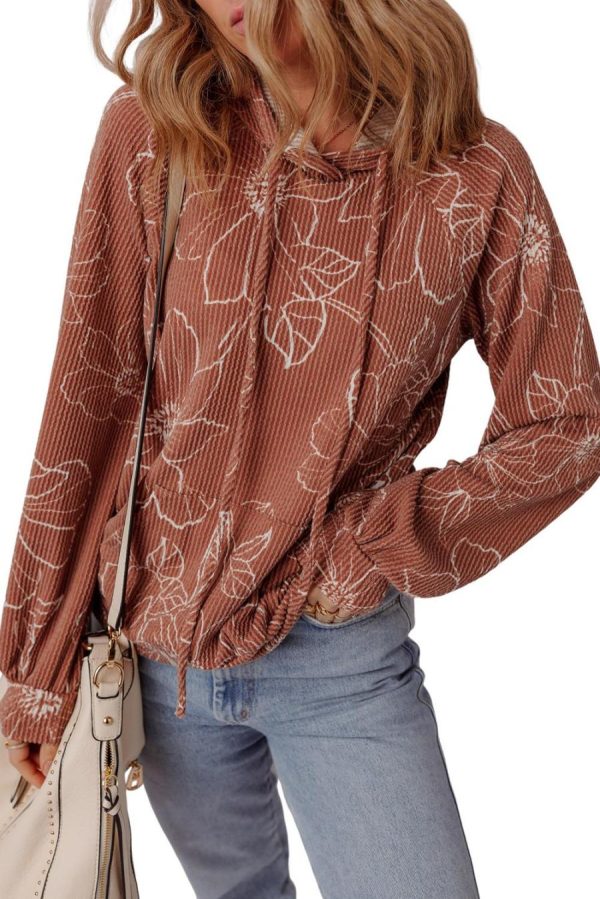 Women Long Sleeve Tops | Brown Floral Twisted Rib Drawstring Kangaroo Pocket Hooded Top - Image 6