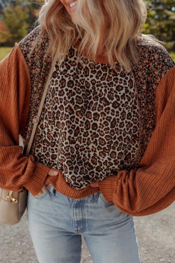 Women Long Sleeve Tops | Brown Leopard Floral Print Ribbed Patchwork Puff Sleeve Loose Pullover