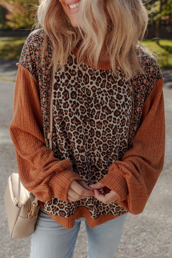 Women Long Sleeve Tops | Brown Leopard Floral Print Ribbed Patchwork Puff Sleeve Loose Pullover - Image 2