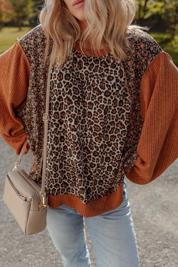Women Long Sleeve Tops | Brown Leopard Floral Print Ribbed Patchwork Puff Sleeve Loose Pullover - Image 3