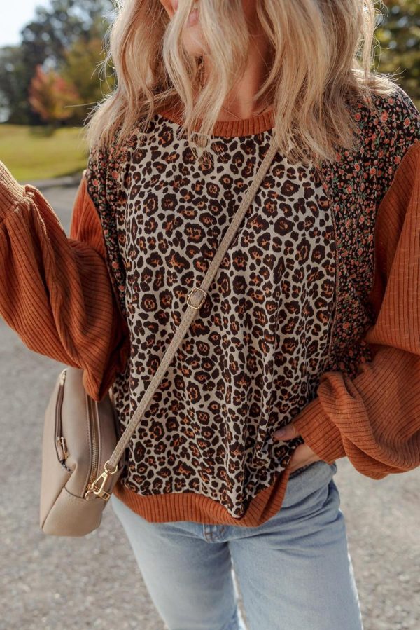 Women Long Sleeve Tops | Brown Leopard Floral Print Ribbed Patchwork Puff Sleeve Loose Pullover - Image 4