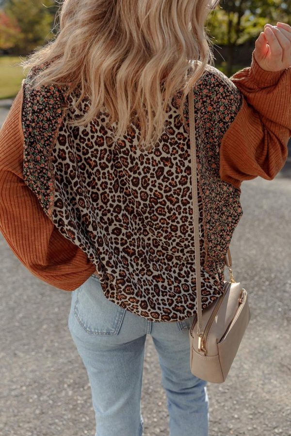 Women Long Sleeve Tops | Brown Leopard Floral Print Ribbed Patchwork Puff Sleeve Loose Pullover - Image 6