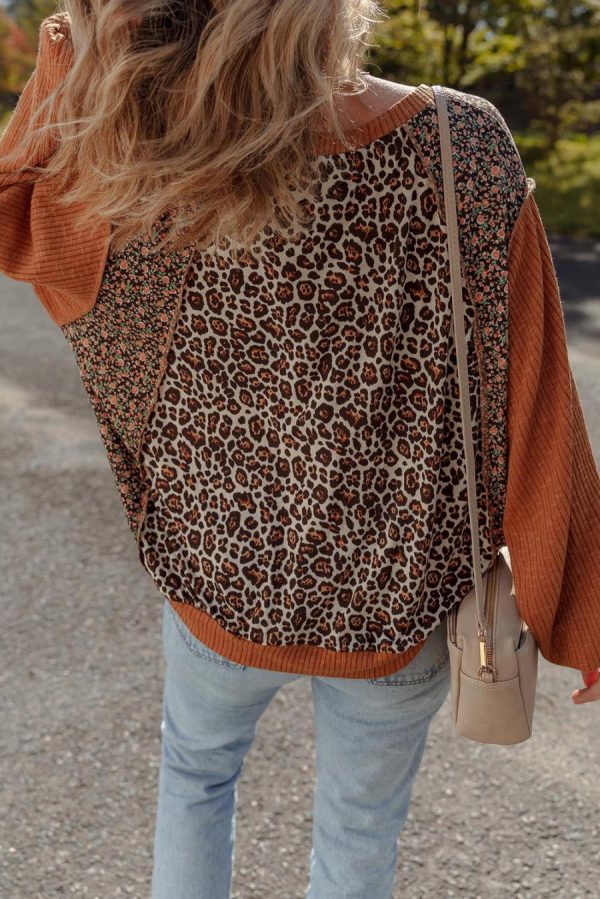 Women Long Sleeve Tops | Brown Leopard Floral Print Ribbed Patchwork Puff Sleeve Loose Pullover - Image 7