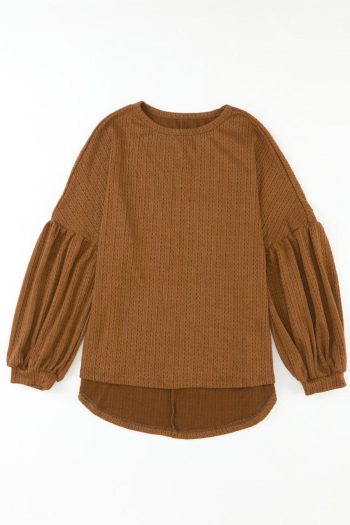 Women Long Sleeve Tops | Brown Solid Color Textured Pullover Casual Long Sleeve Top