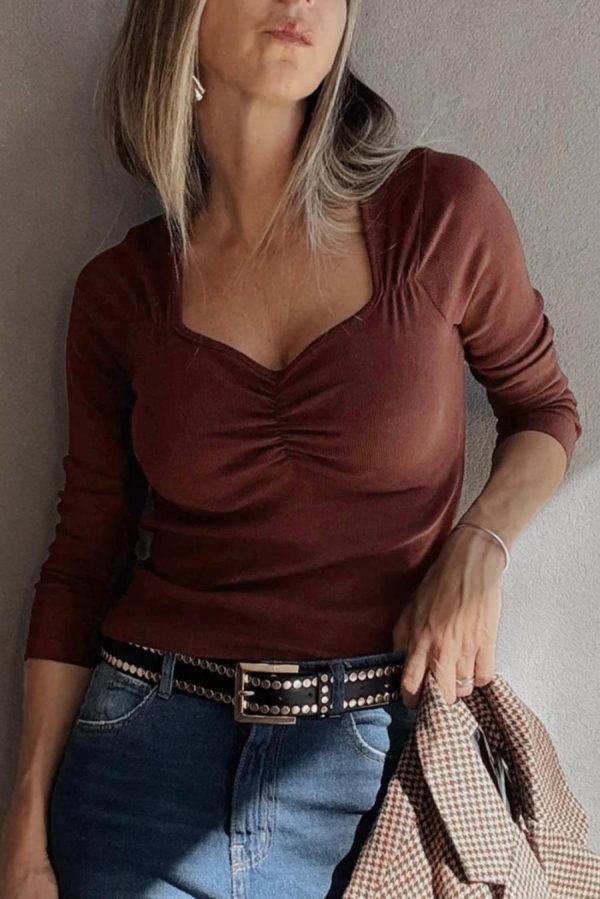 Women Long Sleeve Tops | Burgundy Ruched Sweetheart Neck Ribbed Long Sleeve Top - Image 2