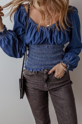 Women Long Sleeve Tops | Dark Blue Smocked Ruffle Puff Sleeve V Neck Denim Top
