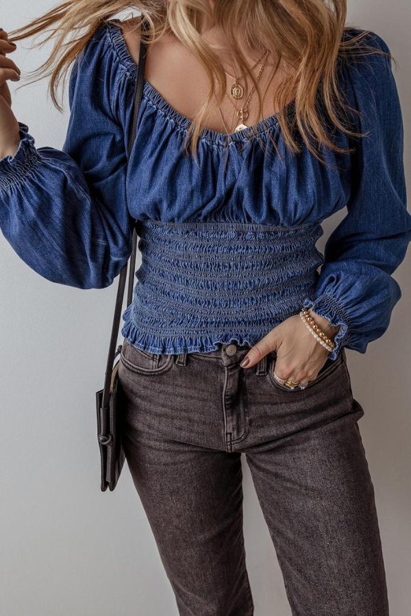 Women Long Sleeve Tops | Dark Blue Smocked Ruffle Puff Sleeve V Neck Denim Top