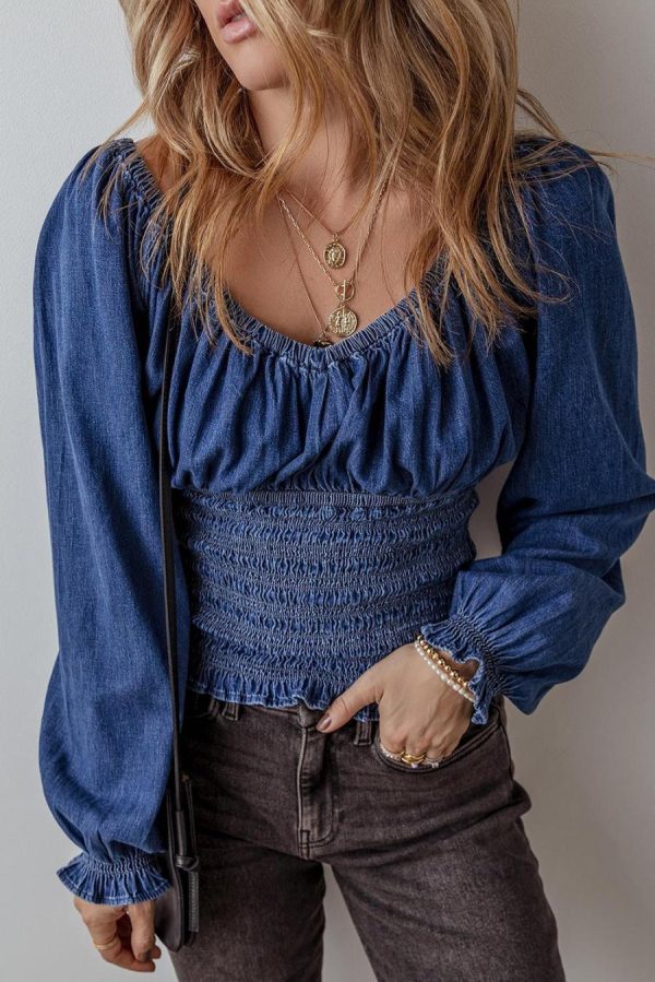 Women Long Sleeve Tops | Dark Blue Smocked Ruffle Puff Sleeve V Neck Denim Top - Image 2