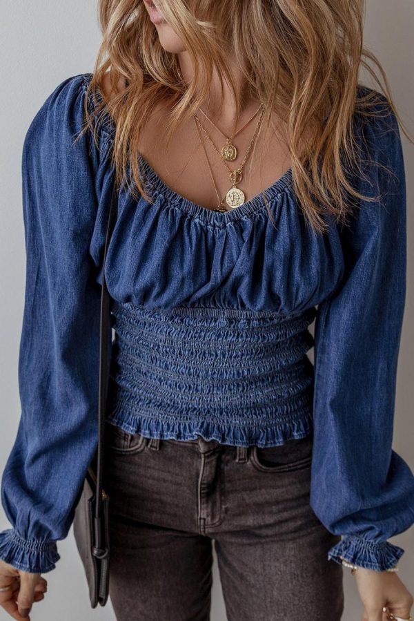 Women Long Sleeve Tops | Dark Blue Smocked Ruffle Puff Sleeve V Neck Denim Top - Image 3