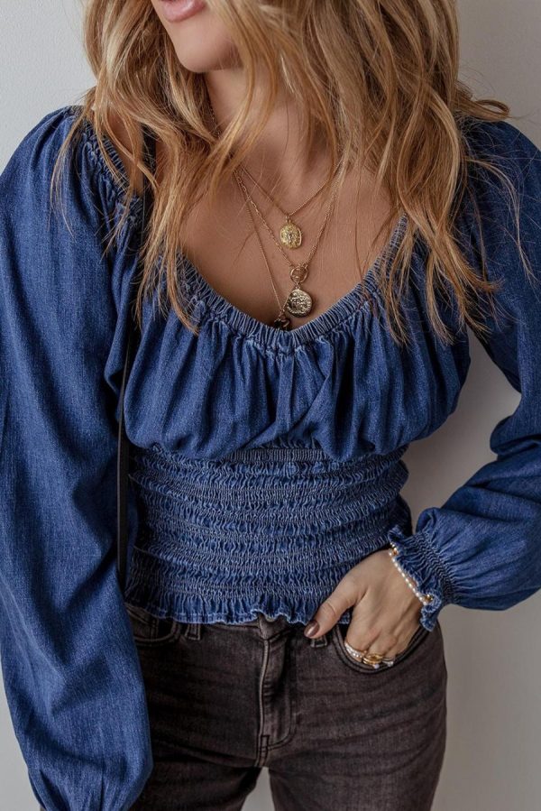Women Long Sleeve Tops | Dark Blue Smocked Ruffle Puff Sleeve V Neck Denim Top - Image 4