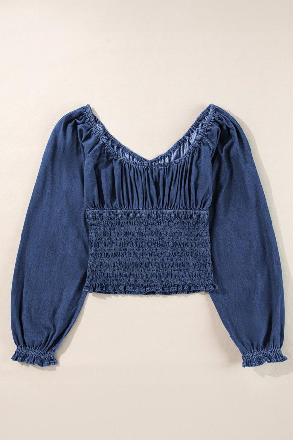Women Long Sleeve Tops | Dark Blue Smocked Ruffle Puff Sleeve V Neck Denim Top - Image 6