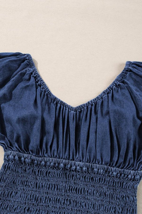 Women Long Sleeve Tops | Dark Blue Smocked Ruffle Puff Sleeve V Neck Denim Top - Image 7
