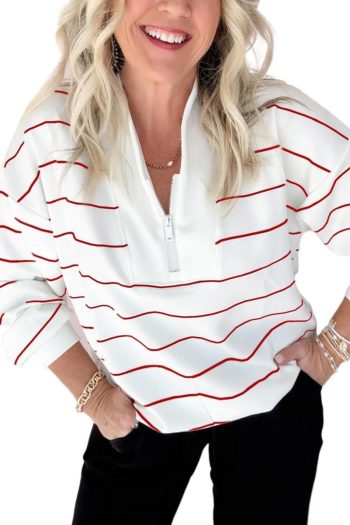 Women Long Sleeve Tops | Fiery Red Striped Zipper V-Neck Drop Sleeve Top