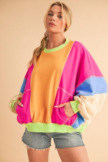 Women Long Sleeve Tops | Grapefruit Orange Colorblock Patchwork Drop Shoulder Top