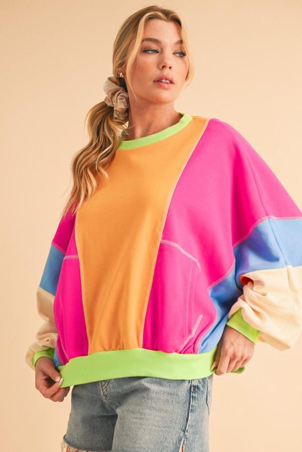 Women Long Sleeve Tops | Grapefruit Orange Colorblock Patchwork Drop Shoulder Top - Image 2