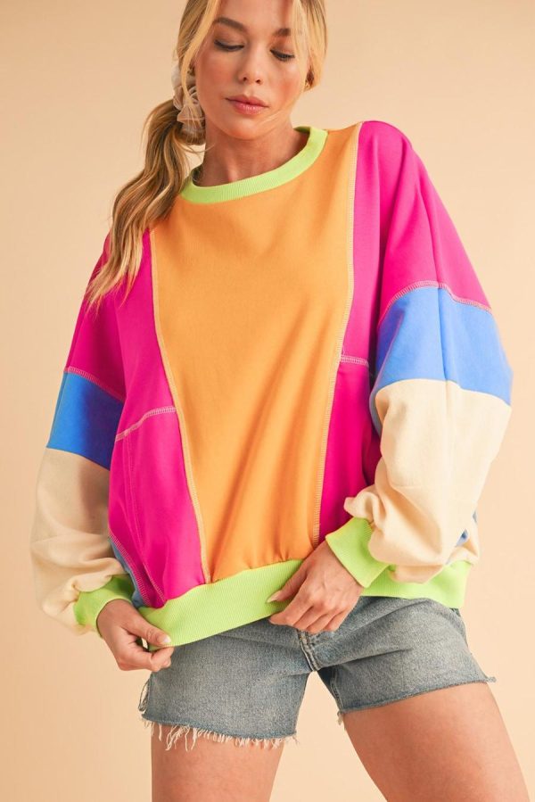 Women Long Sleeve Tops | Grapefruit Orange Colorblock Patchwork Drop Shoulder Top - Image 3