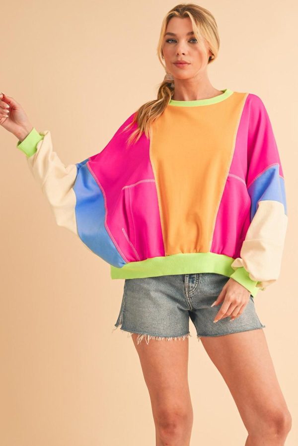 Women Long Sleeve Tops | Grapefruit Orange Colorblock Patchwork Drop Shoulder Top - Image 4