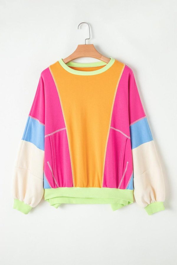 Women Long Sleeve Tops | Grapefruit Orange Colorblock Patchwork Drop Shoulder Top - Image 5