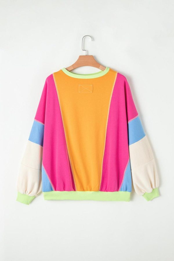 Women Long Sleeve Tops | Grapefruit Orange Colorblock Patchwork Drop Shoulder Top - Image 6