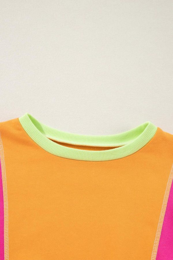 Women Long Sleeve Tops | Grapefruit Orange Colorblock Patchwork Drop Shoulder Top - Image 7