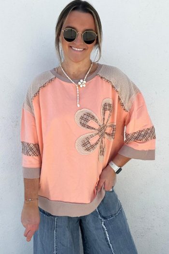 Women Long Sleeve Tops | Grapefruit Orange Plaid Waffle Flower Patchwork Bracelet Sleeve Top