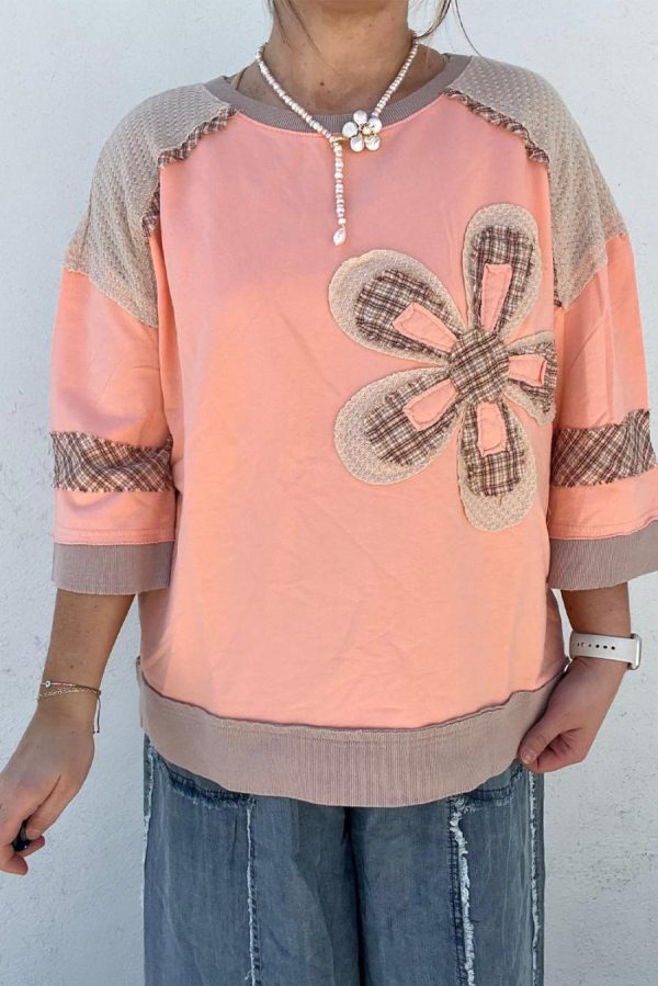 Women Long Sleeve Tops | Grapefruit Orange Plaid Waffle Flower Patchwork Bracelet Sleeve Top - Image 2