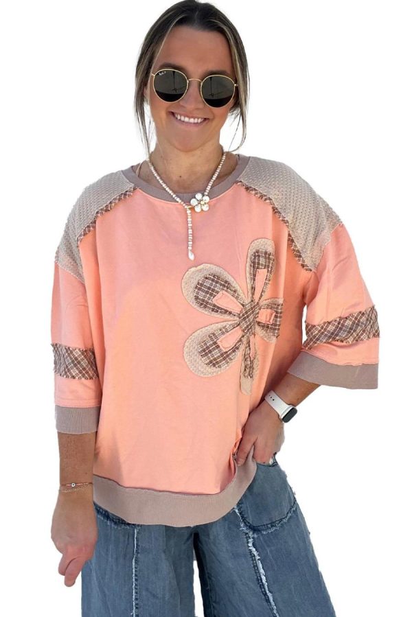 Women Long Sleeve Tops | Grapefruit Orange Plaid Waffle Flower Patchwork Bracelet Sleeve Top - Image 3