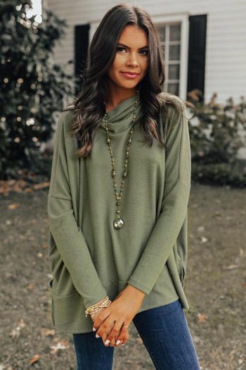 Women Long Sleeve Tops | Green Cowl Neck Loose Fit Tunic Top
