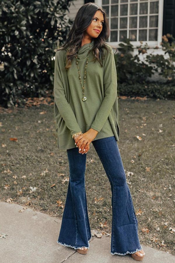 Women Long Sleeve Tops | Green Cowl Neck Loose Fit Tunic Top - Image 2