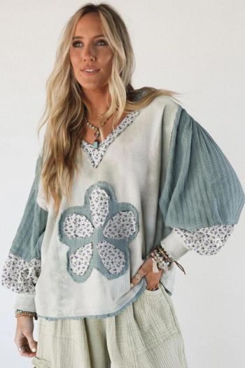 Women Long Sleeve Tops | Green Floral Textured Colorblock Patchwork Lantern Sleeve Hooded Top