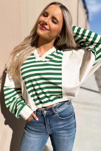 Women Long Sleeve Tops | Green Striped Colorblock Patchwork Collared V Neck Cropped Pullover