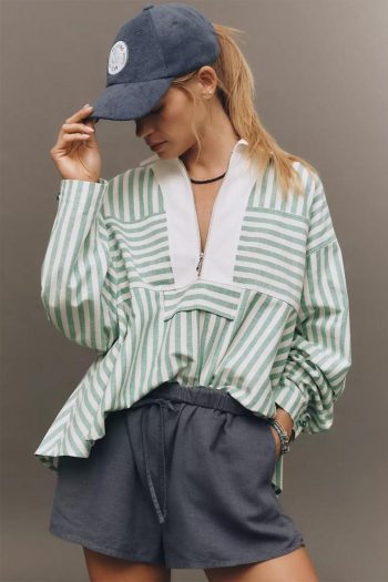 Women Long Sleeve Tops | Green Striped Zipper Collar Long Sleeve Top