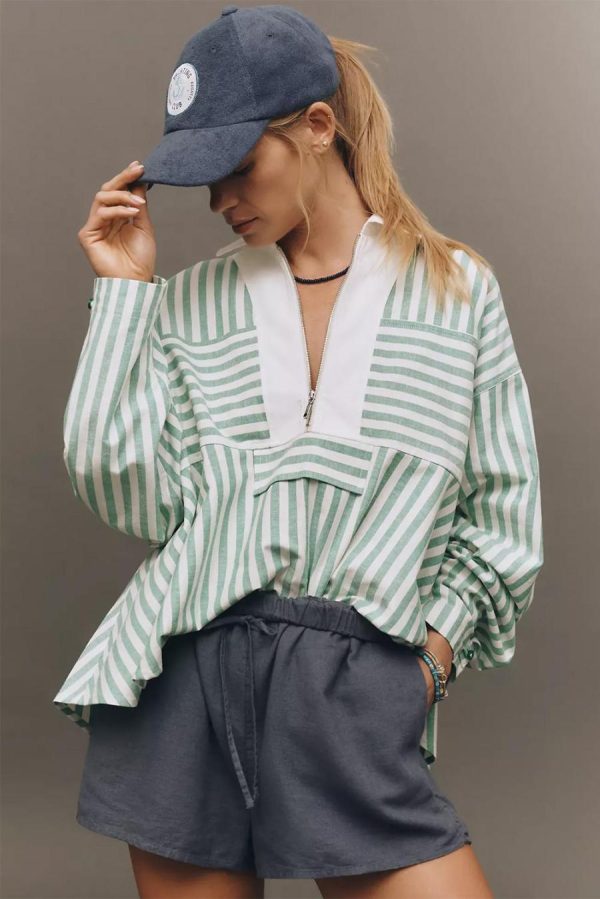 Women Long Sleeve Tops | Green Striped Zipper Collar Long Sleeve Top