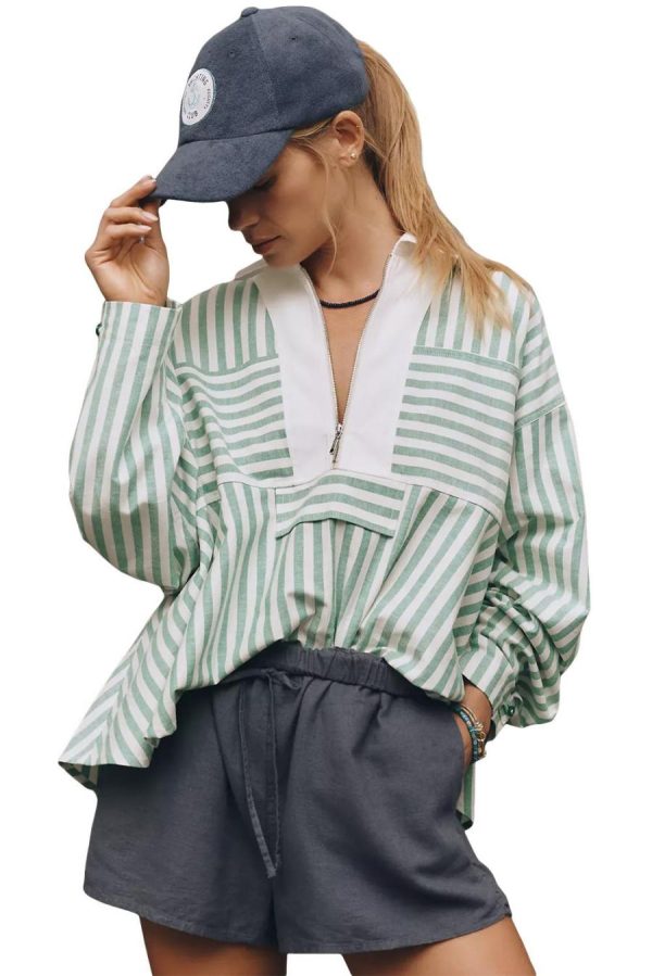 Women Long Sleeve Tops | Green Striped Zipper Collar Long Sleeve Top - Image 3