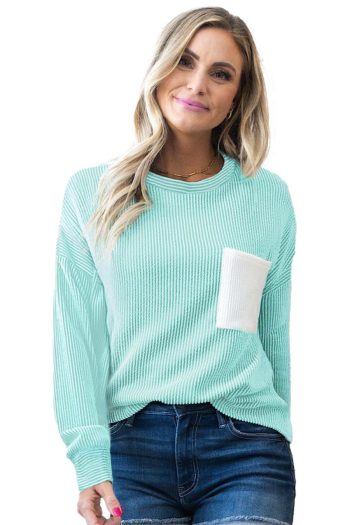 Women Long Sleeve Tops | Iceland Blue Corded Rib Patched Pocket Long Sleeve Top