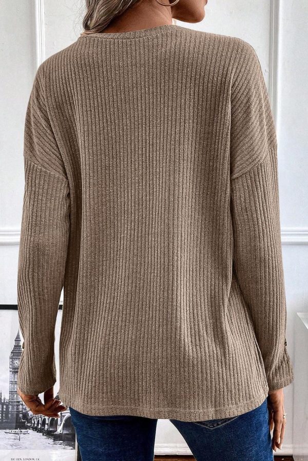 Women Long Sleeve Tops | Khaki Drop Shoulder Ribbed Knit Long Sleeve Henley Top - Image 5